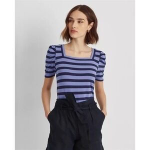 Lauren Ralph Lauren Striped Puff-Sleeve T-Shirt Blue Lochfrench Navy Size‎ S $80